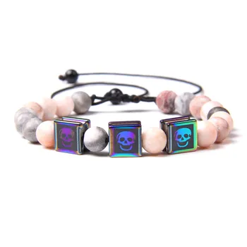 

New Arrived Pink Zebra Stone Bracelets Men Electroplate Skull Charm Bangle Handmade Adjustable Braid Bracelets For Women Jewelry