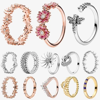 

2020 New Series 925 Sterling Silver 50 types Sparkling Daisy Flower Crown Rings for Women Engagement Jewelry Anniversary