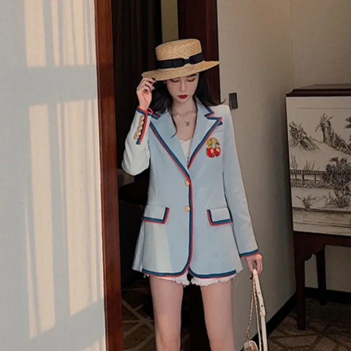 

Early Autumn Korean-style Embroidery Contrast Color Slim Fit Slimming Long Sleeve Slit Small Suit Coat Women's Vintage Hong Kong