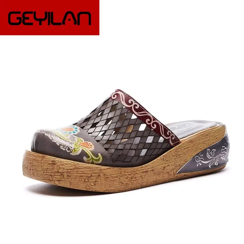 

Genuine Leather Shoes Hollow Slippers Handmade Slides Flip Flop On The Platform Clogs For Women Woman Slippers Plus Size