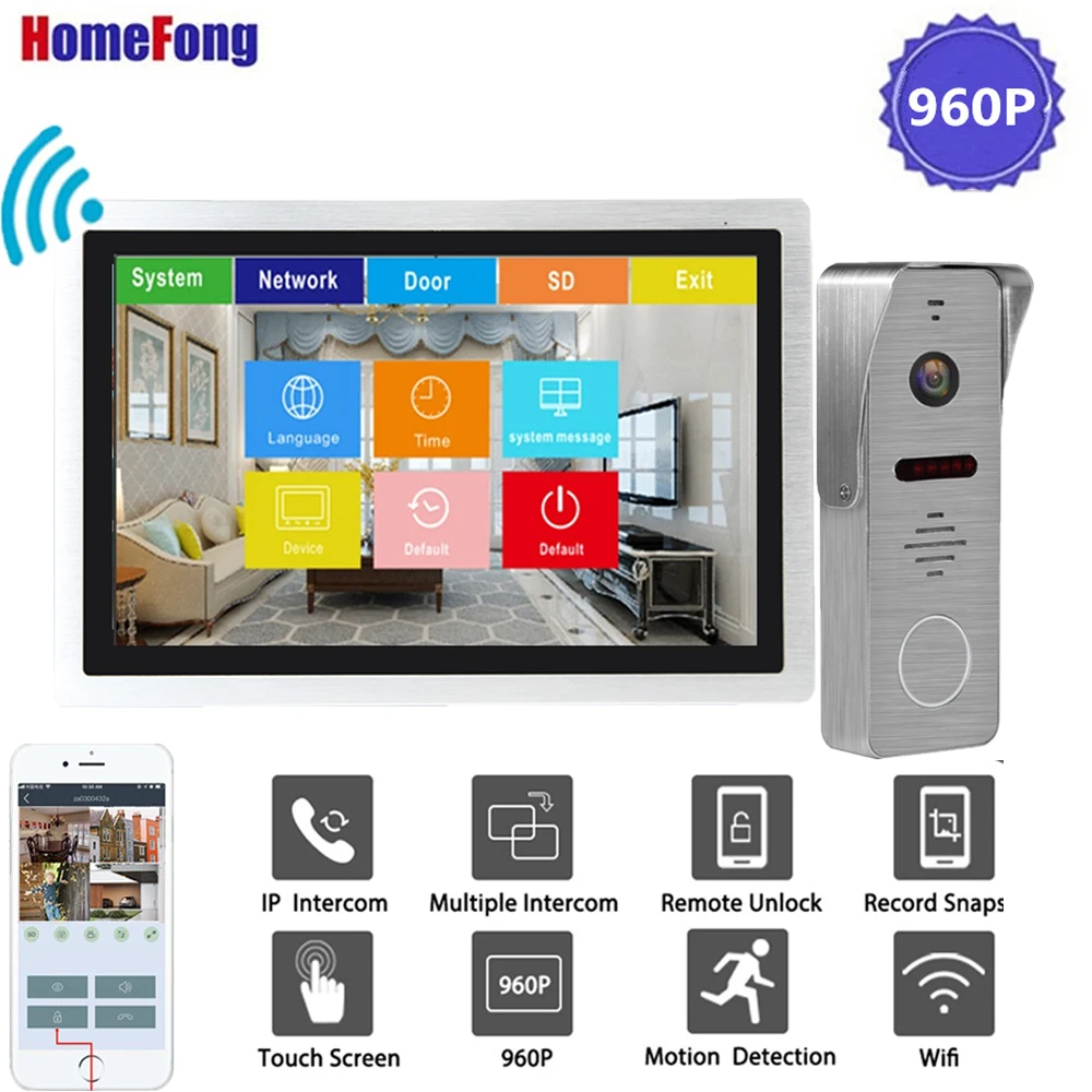 Видеодомофон Homefong 10 дюймов Wi Fi 960P сенсорный экран|Видеодомофон| |