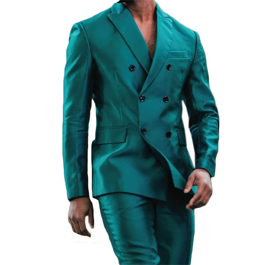 2 Pieces Men Suits Fashion Double Breasted Bright Green Handsome Slim Fit Party Suits Coat+Pant
