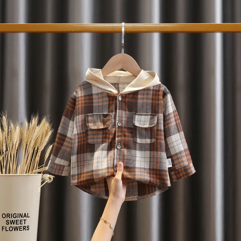 Children's Clothing Boys Shirts 2020 Autumn Kids Hooded Jacket Plaid Long-sleeved Shirt Spring Baby Boy Long Sleeve Tops