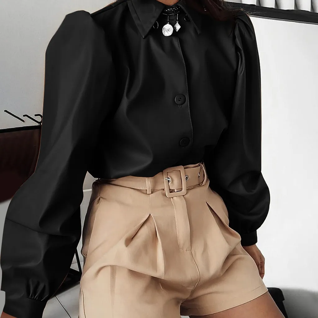 Roupas Femininas, новинка, Женские винтажные топы на осень и зиму, одноцветные Топы с длинным рукавом и пуговицами, женские блузки