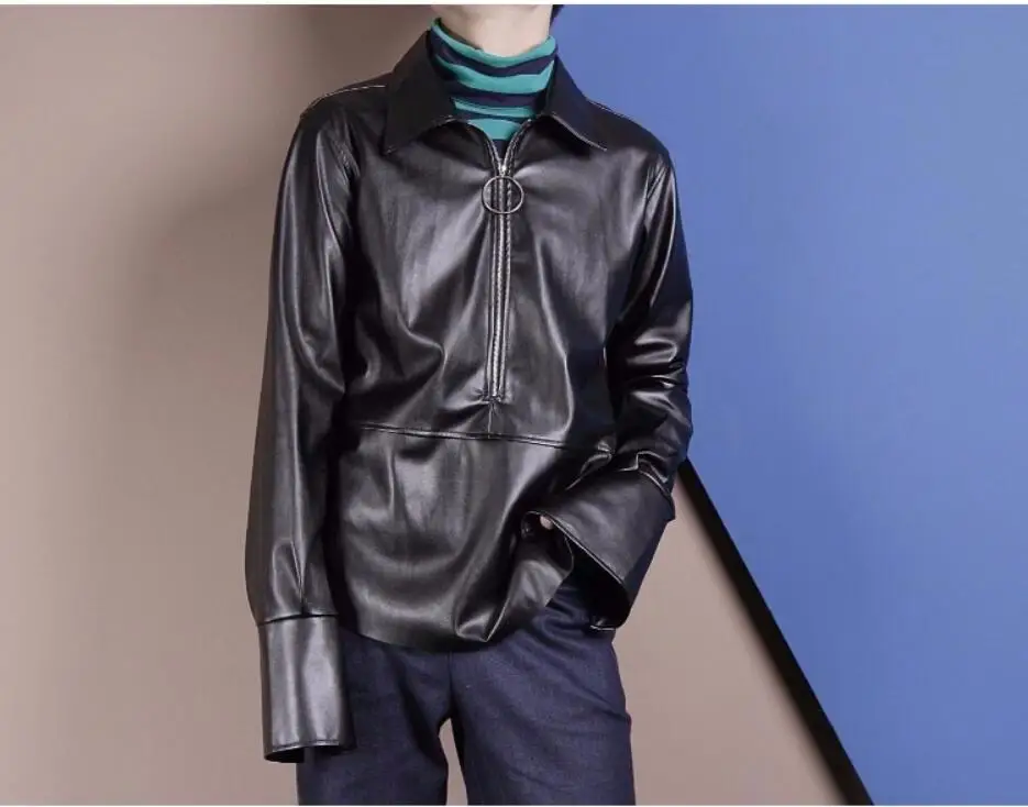 S-6XL! 2019 оригинальная металлическая молния, украшение, длинный рукав, лацканы, искусственная кожа, рубашка осень-зима, мужская одежда