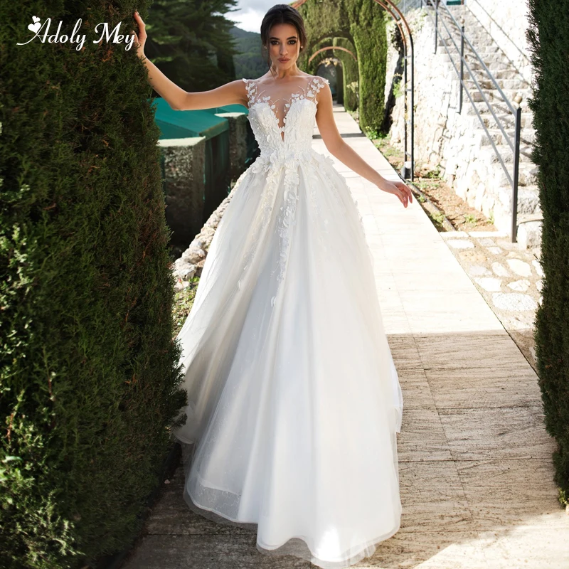 

Adoly Mey New Arrival Scoop Neck Button Satin A-Line Wedding Dress 2020 Luxury Beaded Appliques Court Train Princess Bride Gown