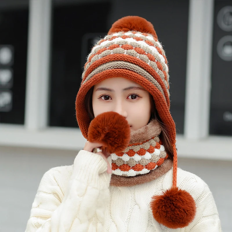 

winter women hat ring scarf set femme Ear protection face neck Ball cap Plush thicken warm knit wool cap outdoor cycling Beanies