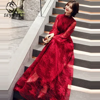 

Skyyue Long Sleeved Evening Dress Burgundy Lace A Line Women Formal Party Gowns K260 2020 High Collar Elegant Vestidos De Longo