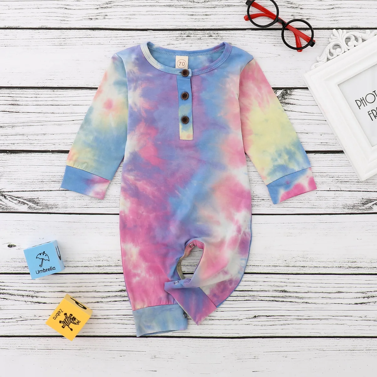 FOCUSNORM Newborn Baby Girls Boys Rompers Tie-Dye Printed Long Sleeve Button Autumn Jumpsuits 4 Colors