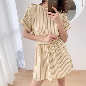 

Women Gold Crochet Stripe Knit Dress Spring Summer Short Sleeve Lace Up Loose Knitted Mini Dress