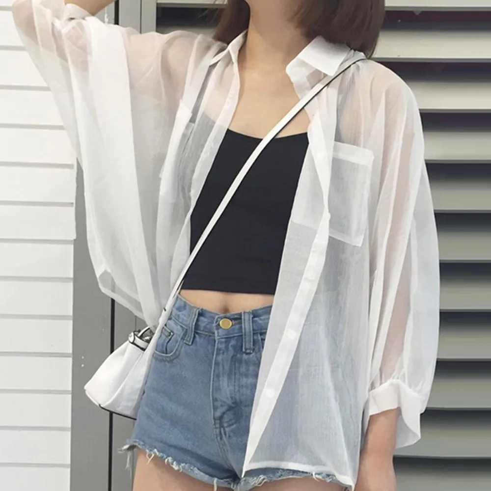 

Summer Thin White Blouse Sun Protection Chiffon Blouse Korean Japan Style Girls Casual Oversize Loose Shirts Women Tops Autumn