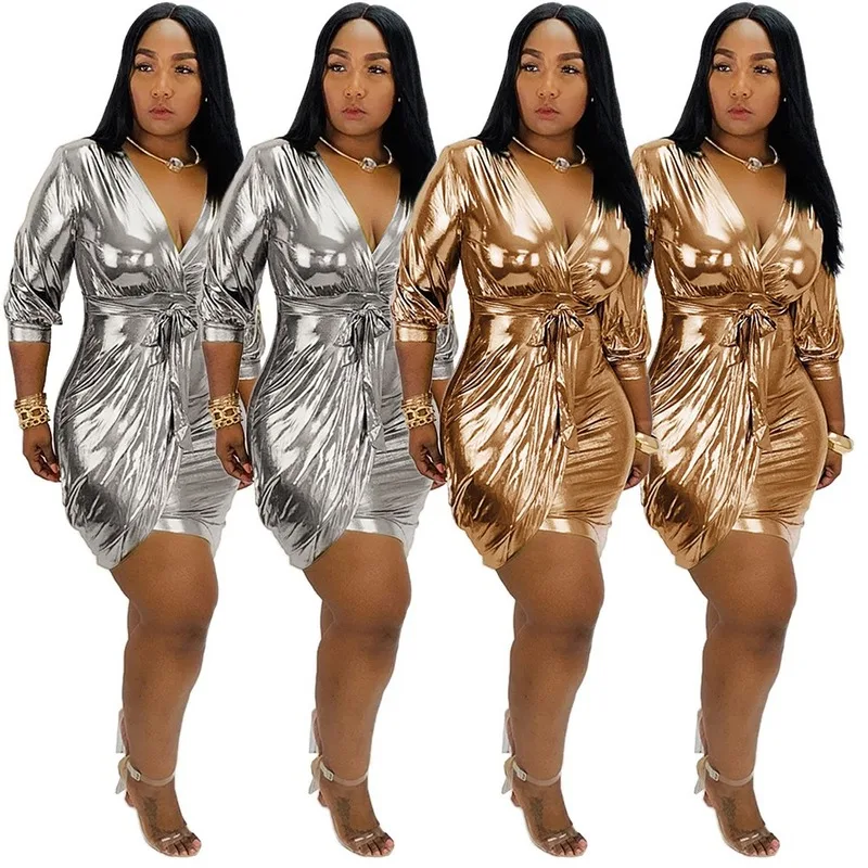 Autumn Sexy Fashion V-Collar Gilded Dress Sexy Club Solid Color Three Quarter Regular Sleeve Sequined High Elastic Mini Dress
