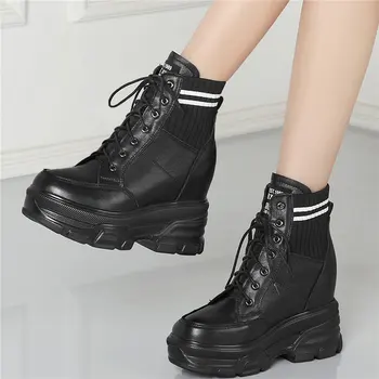 

Knitting Platform Pumps Women Cow Leather High Heel Ankle Boots Female High Top Round Toe Fashion Sneakers Casual Rivets Shoes