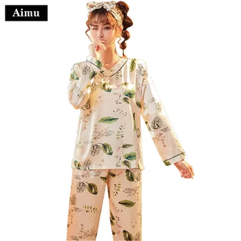 

Pajamas set for Women spring Autumn Women's Silk Long Sleeve Loose Print Christmas Women Sleepwear Sets Long Pants Home Clothes