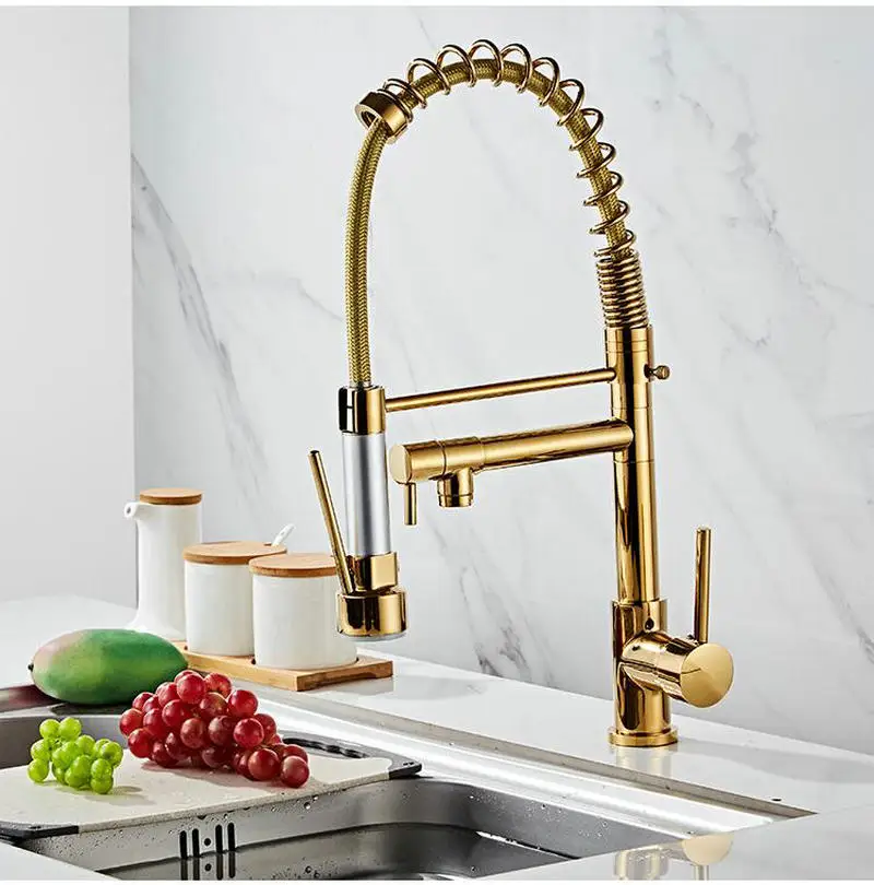 2 Colors Spring Pull Down Kitchen Sink Faucet Hot & Cold Water Mixer Crane Tap with Dual Spout Deck Mounted