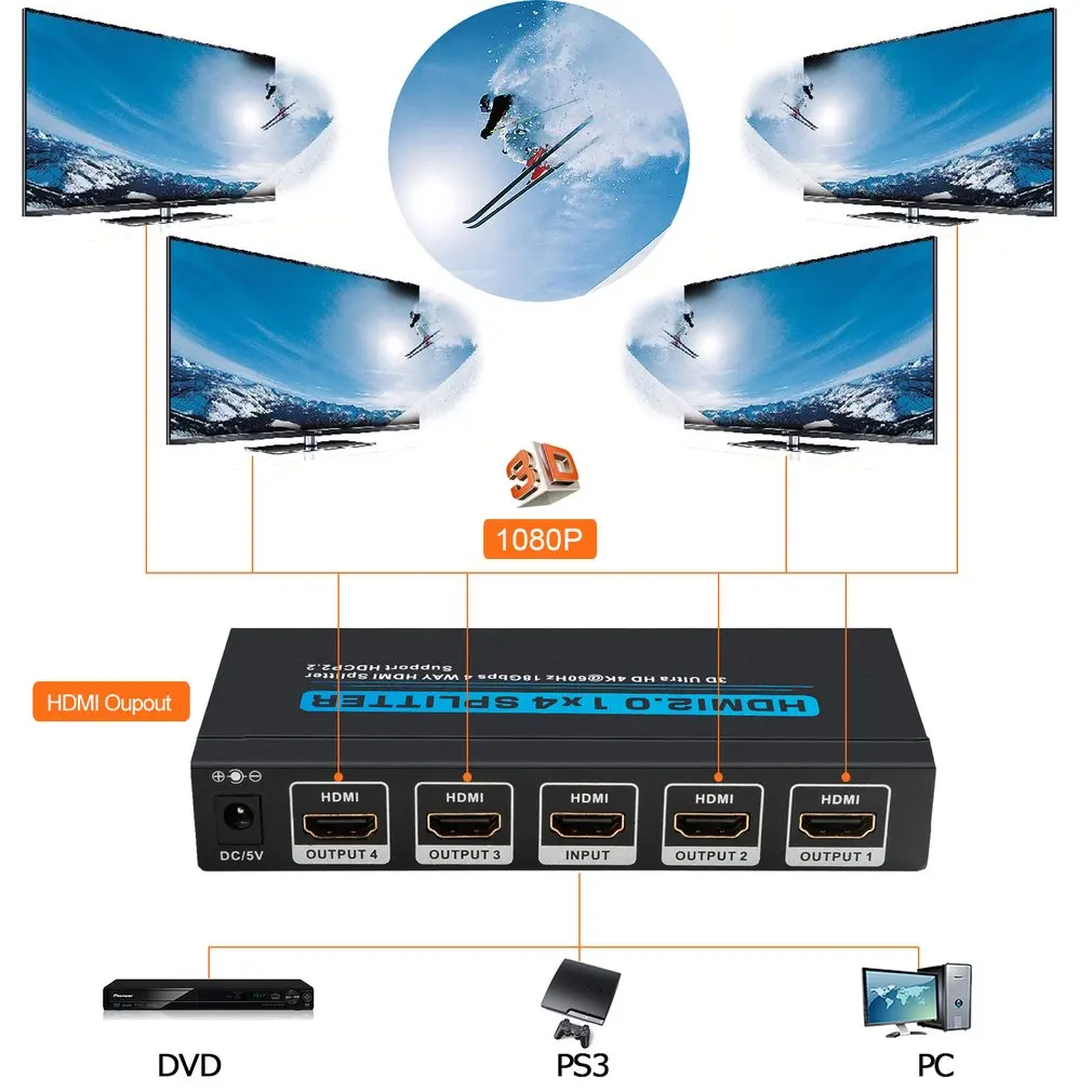 HDMI 1x4 сплиттер 3D Ultra HD 4Kx2K@ 60 Гц 18 Гбит/с HDCP2.2 1 в 4 из 4 Выход HDMI разветвитель для HDTV и монитора высокой четкости