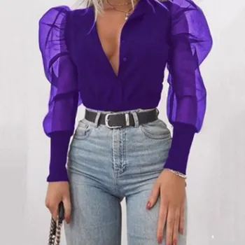 

Vintage Patchwork Puff Long Sleeve Blouse Women Elegant Blue Shirt Ladies Designed Fashion 2020 Organza Transparent Mesh Tops