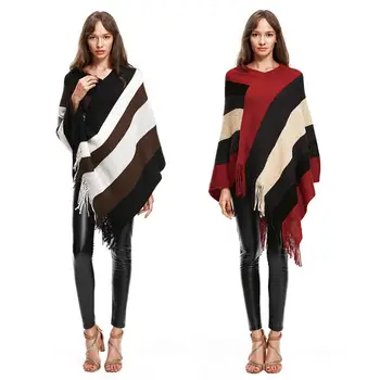

Womens Asymmetric Tassels Poncho Cape Pullover Tops V-Neck Knit Batwing Sweater