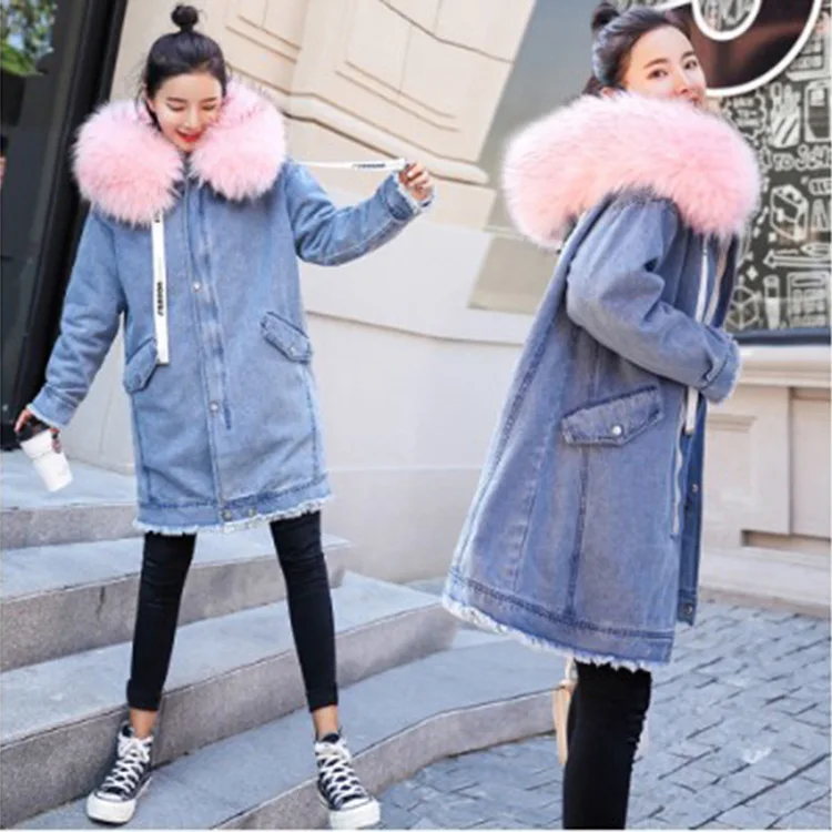 

2019 Winter New Style Korean-style Fashion Women's Embroidered Mid-length Two-Piece Set Cowboy Cotton-padded Clothes Fur Collar