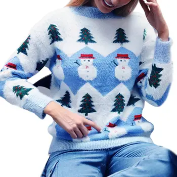 

Womens Long Sleeve Knitted Thicken Sweater Winter Cute Christmas Tree Snowman Print Pullover Tops Plush Warm Casual Loose Jumper