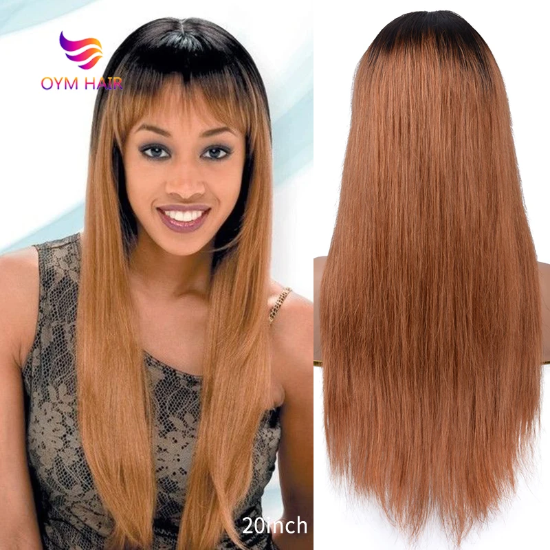 

Ombre Brown Human Hair Wig With Fringe Bangs #1B/30 Color Cheap Full Machine Made Brazilian Straight Hair Wigs For Black Women