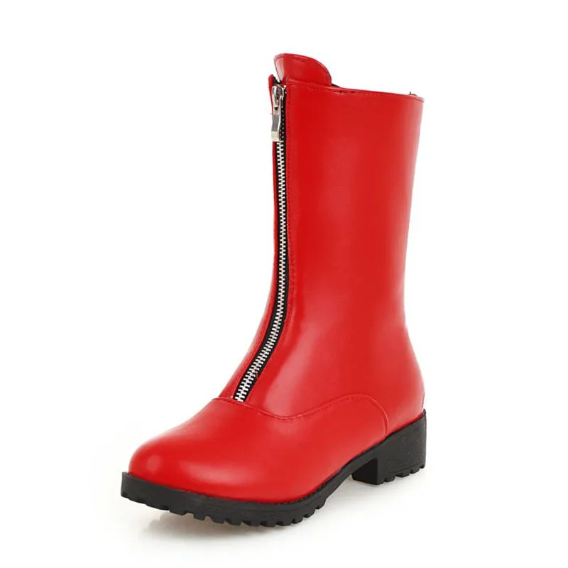 Модные ботинки до середины икры из искусственной кожи размера плюс 34-45 простая повседневная обувь на молнии и квадратном каблуке Женская обувь - Цвет: Красный