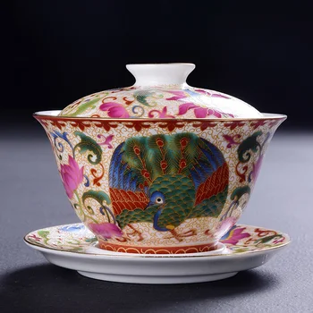 

Retro Palace Ceramic Color Enamel Gaiwan, large size Sancai tea bowl, saucer, tea cup pot, Kung Fu teaset Gai Wan