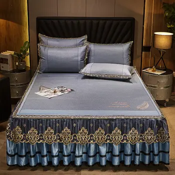 

Summer Rattan Bed Skirt Detachable Zipper Full Queen King Cooling Bed Cover Embroidered Lace Non-slip Bed Sheets with Pillowcase