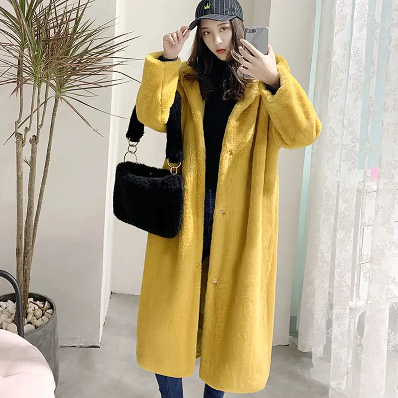 

New Faux Fur Coat Women Autumn and Winter 2019 Casual Loose Hooded Long Thick Winter Faux Fur Outerwear