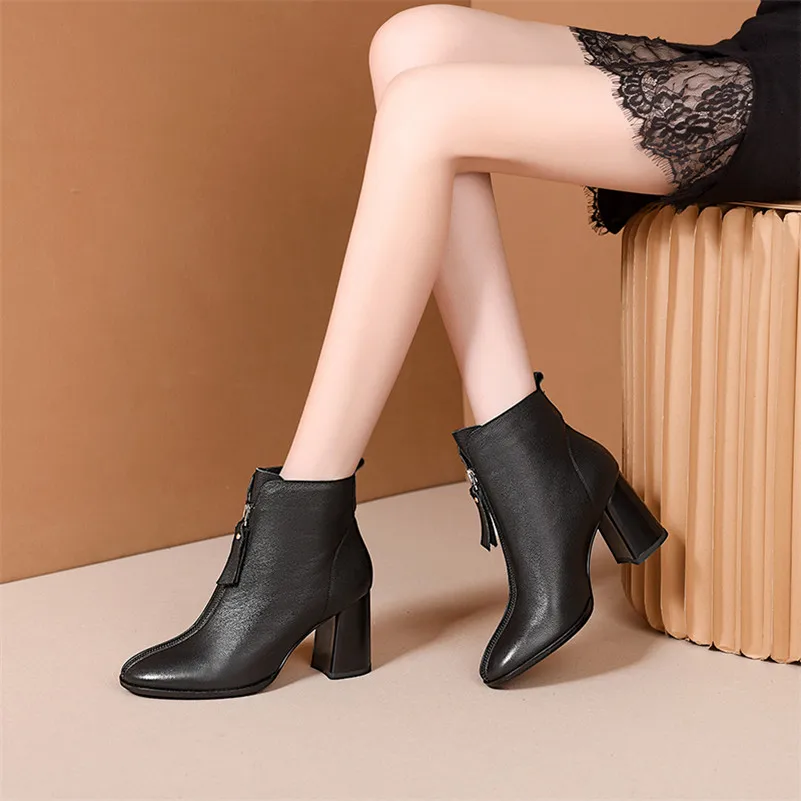 ANNYMOLI Winter Ankle Boots Women Natural Genuine Leather Thick High Heel Short Boots Cow Leather Zipper Shoes Lady Autumn 34-39