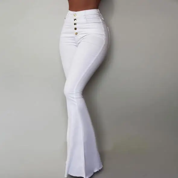 White Bottom Pants Women Button High Waist Flare Pants New Trousers Slim Casual Elegant Work Wear Pantalon Femme