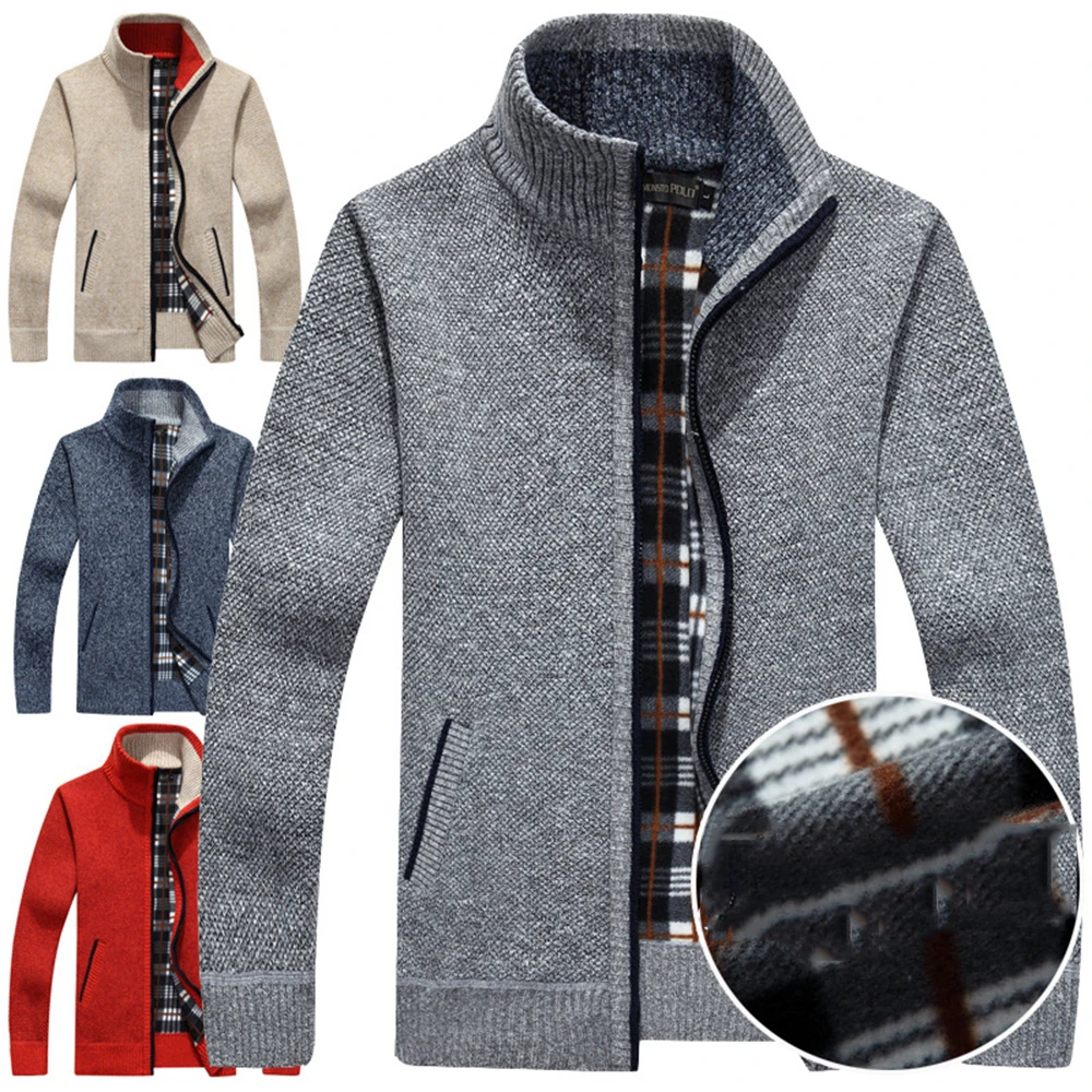 Knitting pure color cardigan sweater jacket qiu dong men coat leisure knit collar and velvet thickening zipper clothes Knitting pure color cardigan sweater jacket qiu dong men coat leisure knit collar and velvet thickening zipper clothes