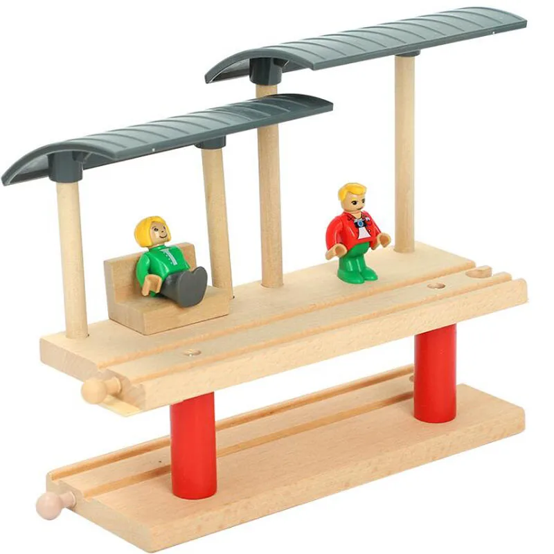 Wooden Train Track Accessories: Double Platform Gas Station & Airplane Airport Educational DIY Toy Set for Children