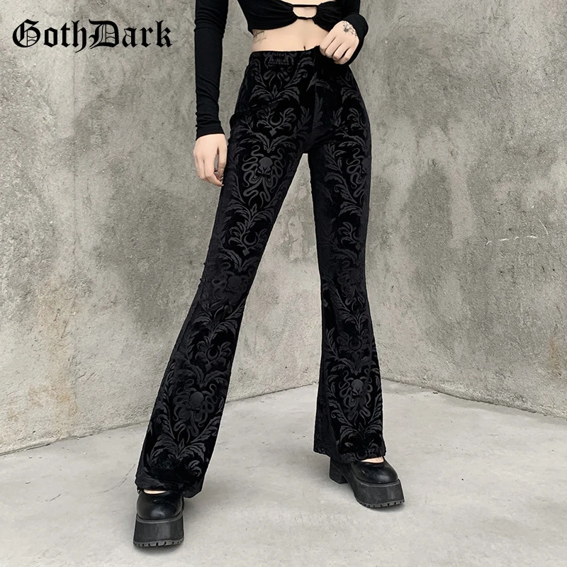 Gothic Pants Trousers Skinny Flare Velvet Streetwear Floral-Scratched Vintage High-Waist