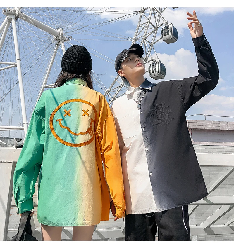 Mirecoo Мужская рубашка с вышивкой смайлика рубашки для мужчин Harajuku Лоскутная Повседневная Хип-хоп рубашка с длинным рукавом Уличная одежда