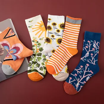 

Autumn Winter Korean Version of Harajuku Style Sunflower Sunflower Art Designer Socks Female Japanese Kawaii Cute Cotton Socks