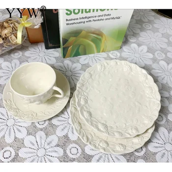 

Ceramic Plate European Antique Beige Three-Dimensional Relief Rose Afternoon Tea Dessert Plate Breakfast Plate Household