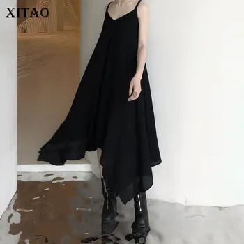 

XITAO Women Black Dress Fashion Irregular Elegant Goddess Fan 2020 Strapless Pleated Backless Thin Loose Dress New GCC3759