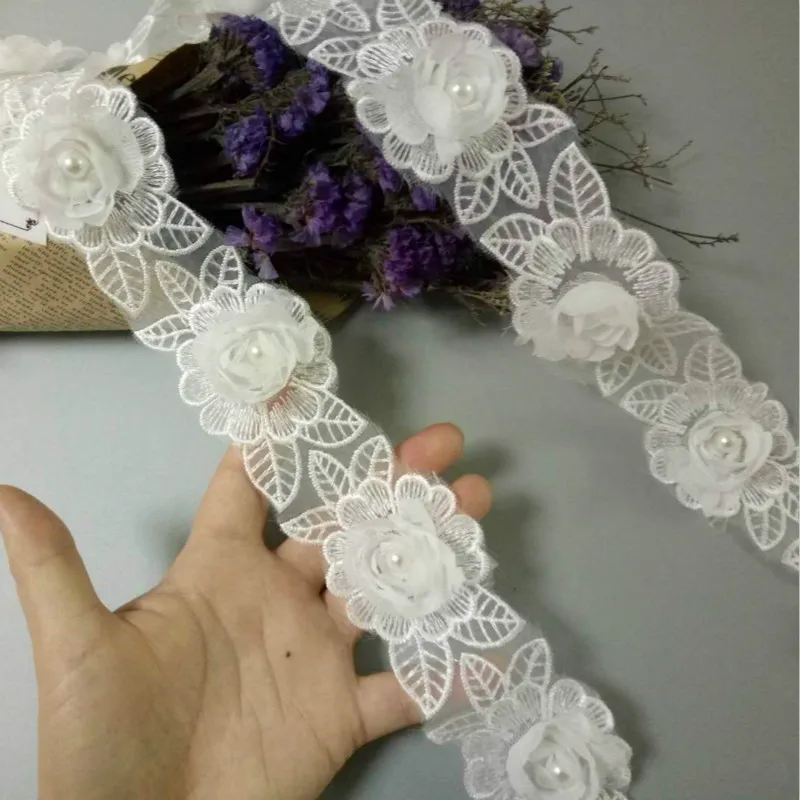 

10 X White Pearl Chiffon Flower Embroidered Lace Trim Ribbon Floral Applique Fabric Handmade Wedding Dress Sewing Craft