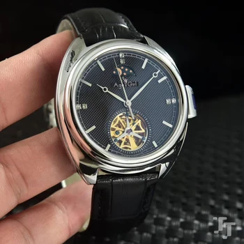 

Classic New Men Black Leather Automatic Mechanical Watch Stainless Steel MoonPhase Tourbillion Sapphire Rose Gold Silver