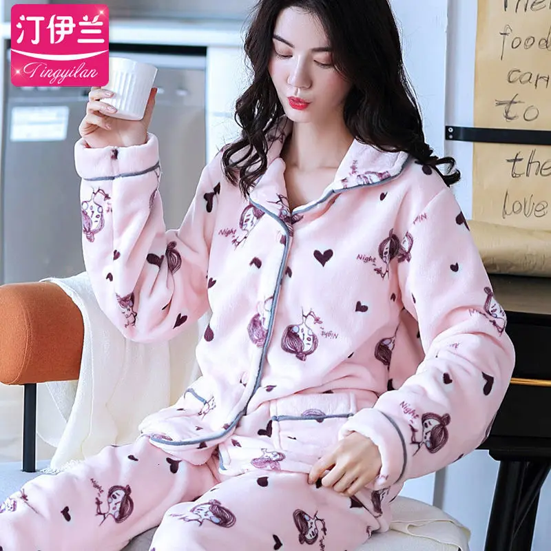 pajamas women Женская Фланелевая пижама с длинным рукавом, женская сексуальная зимняя Пижама, женский домашний костюм больших размеров, женские комплекты, M-XXXXXL для сна - Цвет: pajamas women