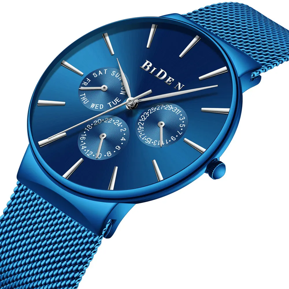 

2019 Fashion Dress Watches BIDEN Luxury Brand Waterproof Blue Quartz Watch Men Stainless Steel Mesh Strap Date Week Analog Clock