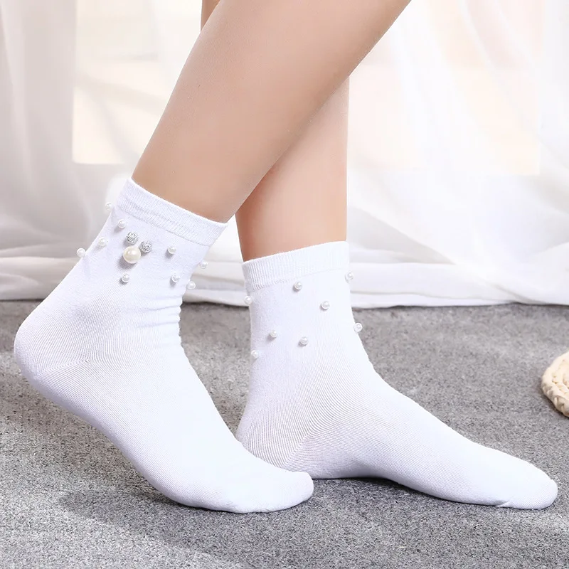 Зимние носки Новинки для женщин Жемчуг носки серебряные лук вспышки Цвет женские милые носки на низком каблуке в Корейском стиле; в стиле ретро; в Корейском стиле Для женщин Kawaii