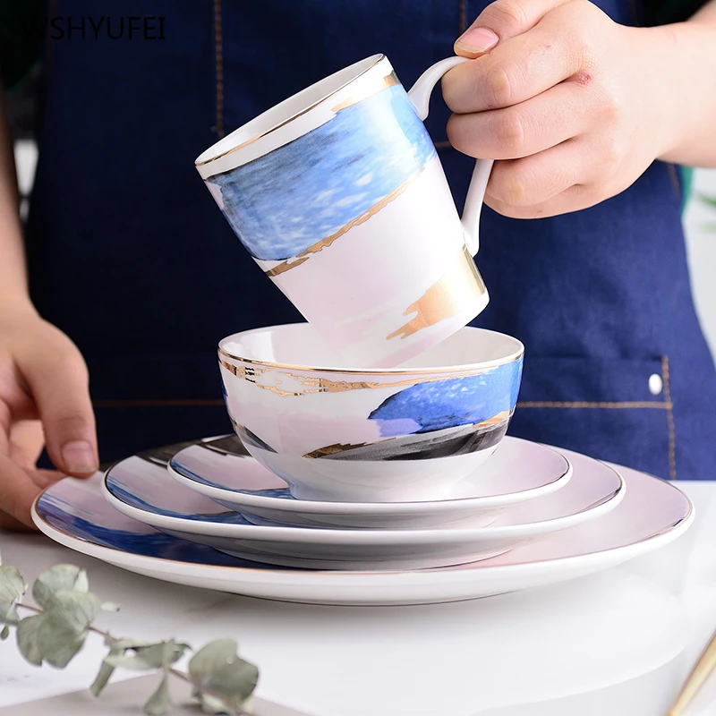5-piece set Светильник, Роскошная Посуда, акварель, Золотая мозаика, цвет облака, керамическая тарелка, маятник, Золотой фарфор, торт, закуски, салат, тарелка - Цвет: 5-piece set