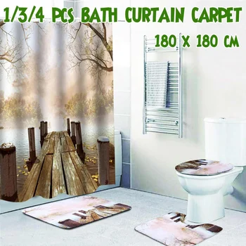 

1/3/4 Pcs Wooden Bridge Printing Bathroom Shower Curtain Sets Non-Slip Waterproof Rugs Toilet Lid Cover and Bath Mat Home Decor