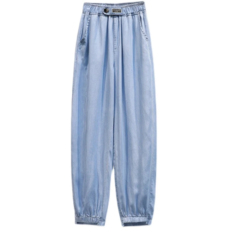 Pantalones vaqueros ultradelgados para mujer, vaqueros de cintura alta de talla grande azul claro, cintura elástica, holgados hasta el tobillo, harén, 5xl, verano 2021