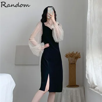 

Women Large Plus Size 5XL Vintage Party Split Dress Mesh Beaded Long Sleeve Elegant Fashion Autumn Clothes Big Black Dress Cloth