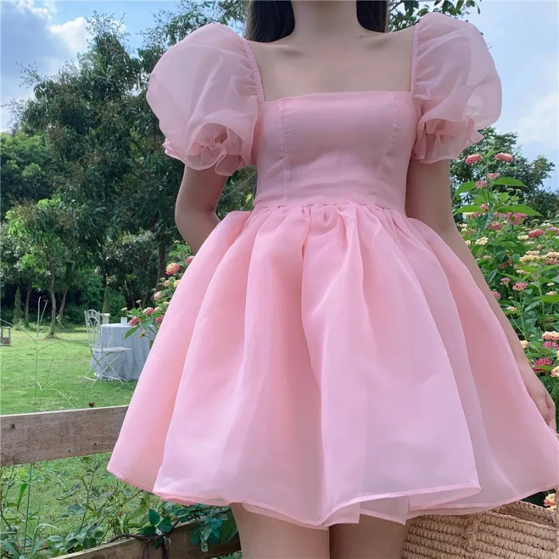 

Woman Sweet Pink Dress 2021 Summer Retro Elegant Square Collar Puff Sleeve Fluffy Dress Korean Organza Mini Princess Dress