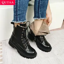 QUTAA  Women Ankle Boots Wool Fur Platform Fashion Warm Mid Heel Motorcycle Boots Genuine Leather Women Shoes Winter Lace Up 43