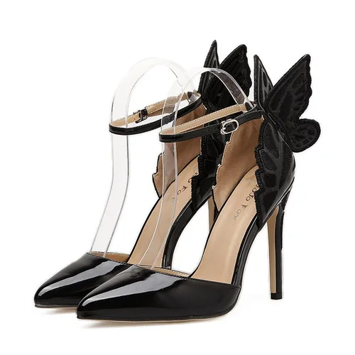 Модные женские туфли-лодочки с пряжкой и ремешком в виде крыльев бабочки; пикантные женские вечерние туфли с острым носком на высоком каблуке; Размеры 35-40 - Цвет: black
